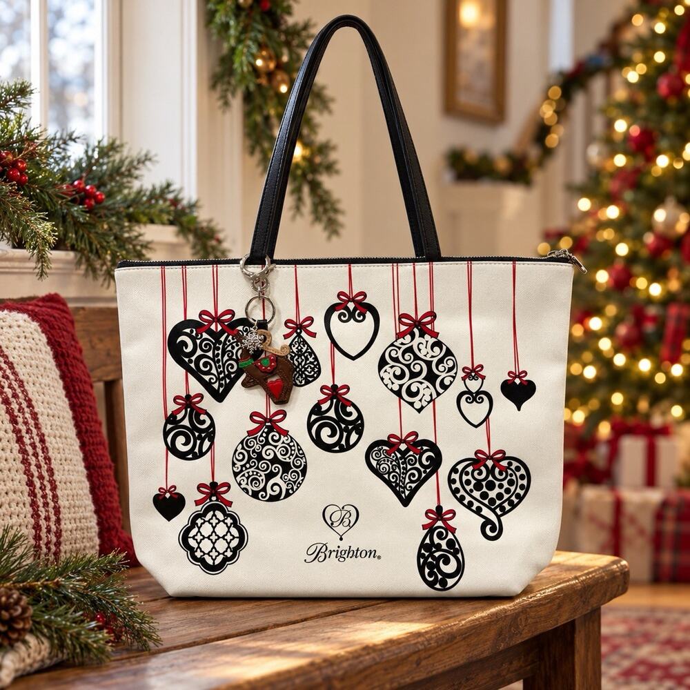 Brighton Christmas Ornament Tote Bag White Black Red With Reindeer Dangle Charm